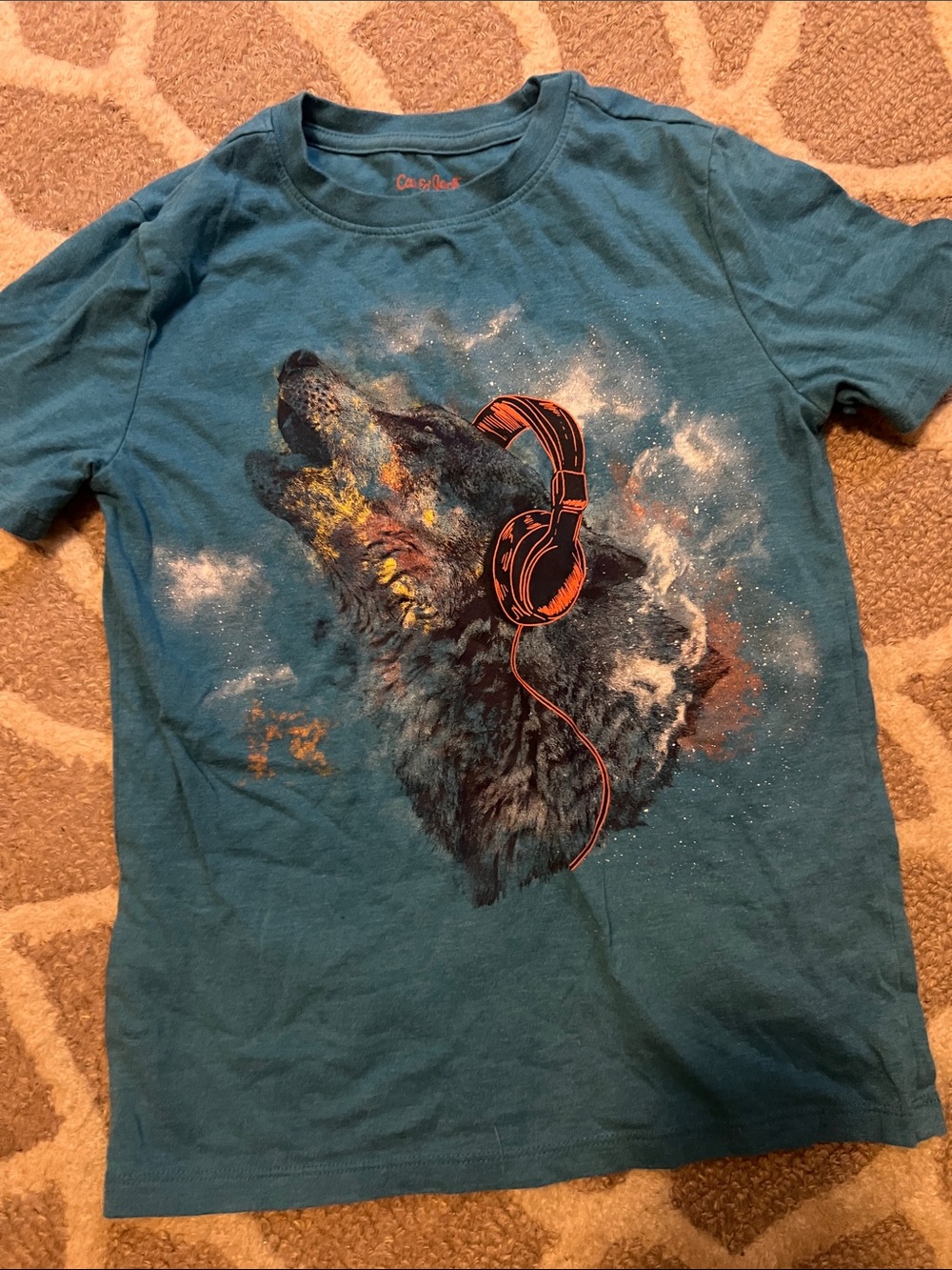 Cat & Jack Teal Wolf Graphic Tee with Orange Headphones